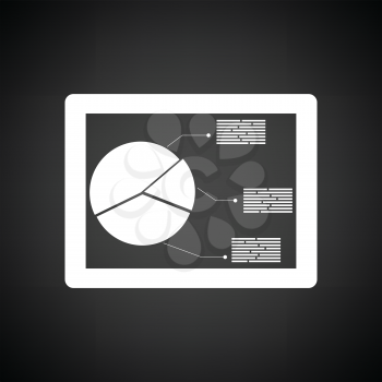 Tablet with analytics diagram icon. Black background with white. Vector illustration.