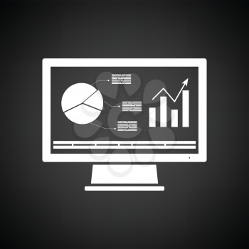 Monitor with analytics diagram icon. Black background with white. Vector illustration.