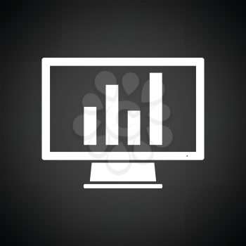 Monitor with analytics diagram icon. Black background with white. Vector illustration.