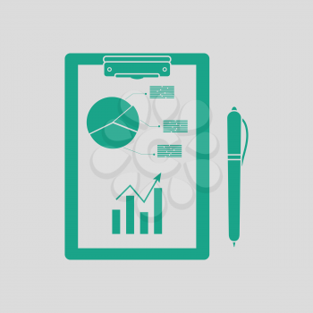 Writing tablet with analytics chart and pen icon. Gray background with green. Vector illustration.