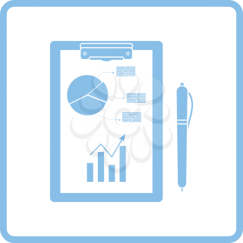 Writing tablet with analytics chart and pen icon. Blue frame design. Vector illustration.
