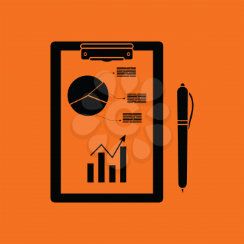 Writing tablet with analytics chart and pen icon. Orange background with black. Vector illustration.