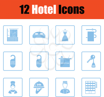 Set of twelve hotel icons. Blue frame design. Vector illustration.