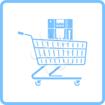 Shopping Cart With Cofee Machine Icon. Blue Frame Design. Vector Illustration.