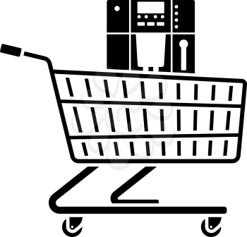 Shopping Cart With Cofee Machine Icon. Black Stencil Design. Vector Illustration.