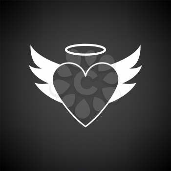 Valentine Heart With Wings And Halo Icon. White on Black Background. Vector Illustration.