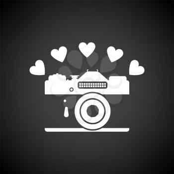 Camera With Hearts Icon. White on Black Background. Vector Illustration.