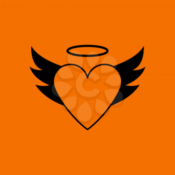 Valentine Heart With Wings And Halo Icon. Black on Orange Background. Vector Illustration.