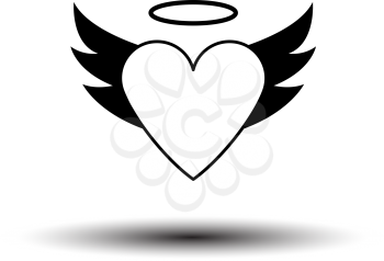 Valentine Heart With Wings And Halo Icon. Black on White Background With Shadow. Vector Illustration.