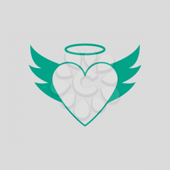 Valentine Heart With Wings And Halo Icon. Green on Gray Background. Vector Illustration.