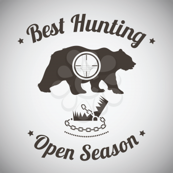 Hunting Vintage Emblem. Wild Bear Silhouette With Scope on It and Trap.    Vector Illustration. 
