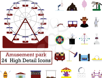 Set of 24  Amusement Park Icons. Flat color design. Vector illustration.
