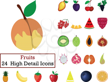 Set of 24  Fruit Icons. Flat color design. Vector illustration.