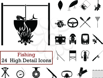 Set of 24  Fishing Icons. Monochrome color design. Vector illustration.