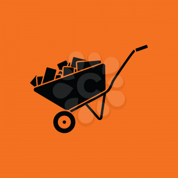 Icon of construction cart . Orange background with black. Vector illustration.