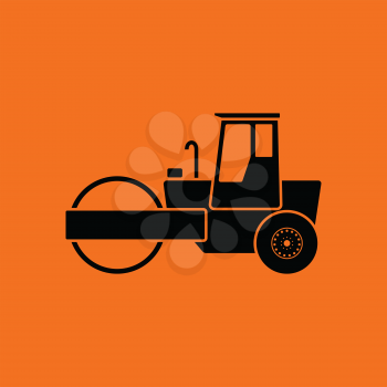 Icon of road roller. Orange background with black. Vector illustration.