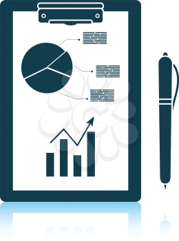 Writing tablet with analytics chart and pen icon. Shadow reflection design. Vector illustration.