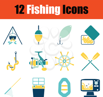 Fishing icon set. Stencil in Blue and yellow tone design. Vector illustration.