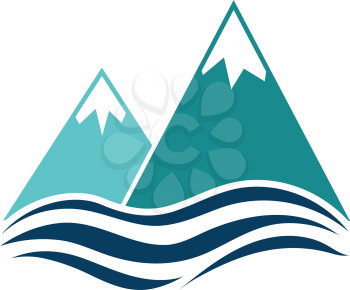Snow peaks cliff on sea icon. Stencil in blue and yellow tone. Vector illustration.