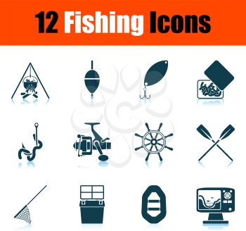 Fishing Icon Set. Shadow Reflection Design. Vector Illustration.
