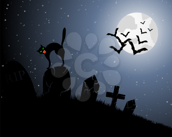 Happy Halloween Greeting Card. Elegant Design With Cemetery, Cat on Grave, Moon on Starry Sky and Silhouettes of Flying Bats.  Vector illustration.