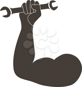 Labour day emblem with biceps and wrench in fist. Vector illustration. 