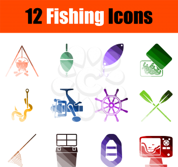 Fishing Icon Set. Flat Color Ladder Design. Vector Illustration.