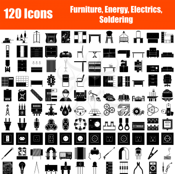 Set of 120 Icons. Furniture, Energy, Electrics, Soldering themes. Black Color Stencil Design. Vector Illustration.