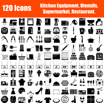 Set of 120 Icons. Kitchen, Utensils, Supermarket, Restaurant, Shopping Themes. Black Color Stencil Design. Vector Illustration.