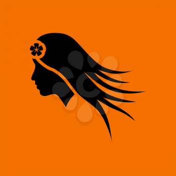 Woman Head With Flower In Hair Icon. Black on Orange Background. Vector Illustration.