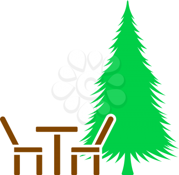 Icon Of Park Seat And Pine Tree. Flat Color Design. Vector Illustration.