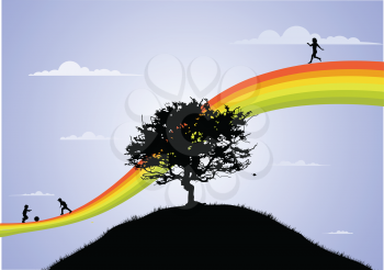 Royalty Free Clipart Image of Children Playing on a Rainbow