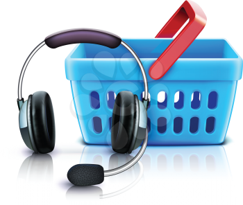 Royalty Free Clipart Image of a Headset and Shopping Basket