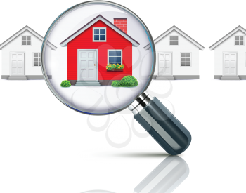 Royalty Free Clipart Image of a Magnifying Glass Over Houses