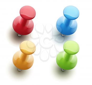 Vector illustration of shiny push pins in a variety of bright colors isolated on white background.