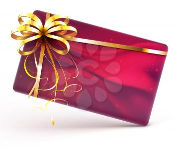 Vector illustration of red decorated gift card with golden ribbon and bow isolated on white background
