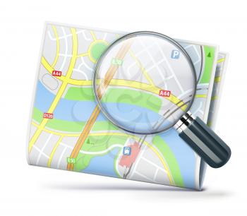 Vector illustration of travel concept with city street map and magnifying glass over it