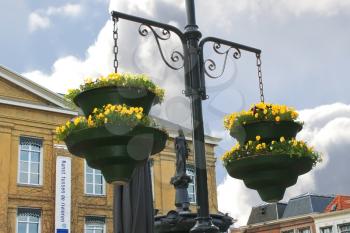 Pots of flowers in the town square in Gorinchem. Netherlands