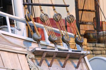 Blocks and ropes on the ancient sailboat