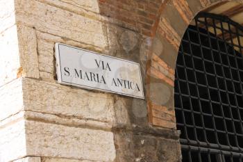 Signboard with name of the street in Verona, Italy