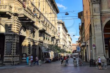 Bologna, Italy - August 18, 2014: People on the Via degli Orefici in Bologna. Italy