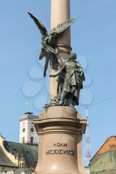 Adam Mickiewicz Monument in historic city center. Lviv, Ukraine