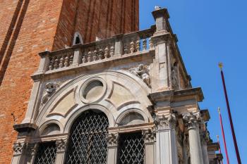 Lower part of St. Mark's Campanile (Bell Tower) in Venice, Italy