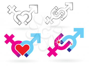 Royalty Free Clipart Image of a Set of Male and Female Symbols as Magnet with Heart and Spark Between