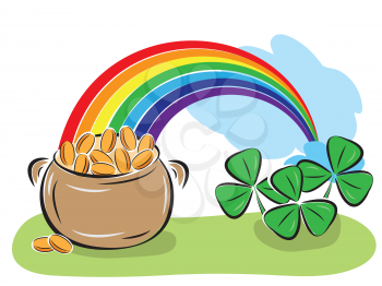 Royalty Free Clipart Image of a St. Patrick Day Pot with Coins Rainbow and Shamrocks Background