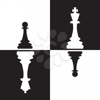 Chessmen - Pawns reflected as Queen and King.
Black and white vector illustration.
All objects are on separate layers and can be easely removed if needed.