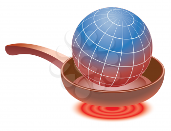 Earth globe on red-hot frying pan. Abstract illustration.