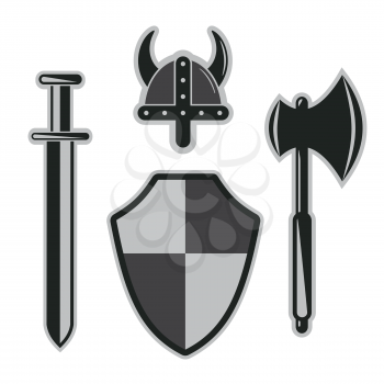 viking sword, helmet, shield armor set abstract vector illustration