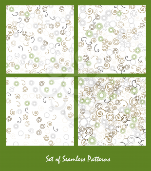 Set of seamless patterns. Spirals and circles color spring design. Bright abstract decorative backgrounds. Vector illustration.