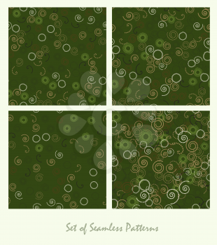 Set of seamless patterns. Spirals and circles color green design. Dark abstract decorative backgrounds. Vector illustration.